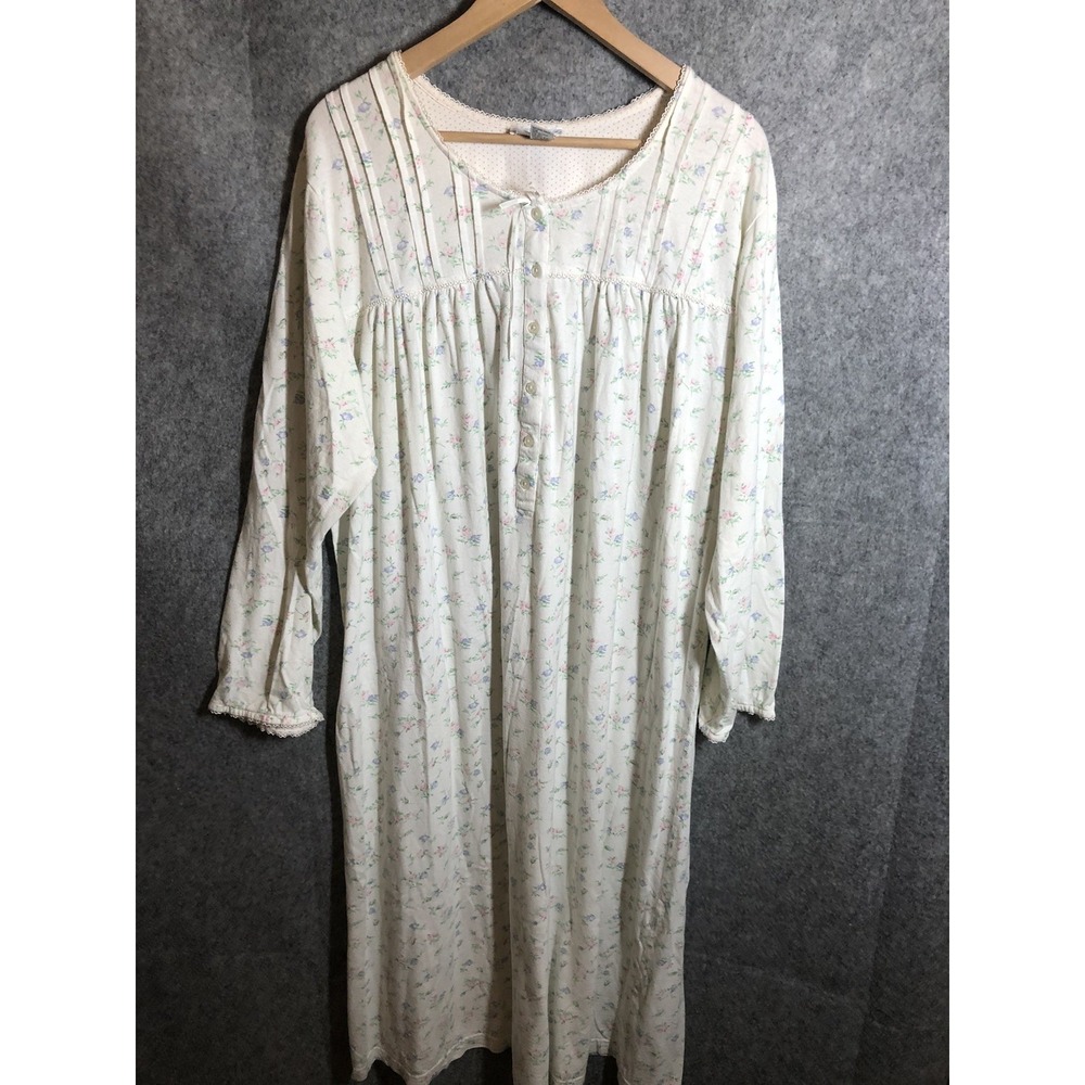 Vintage Miss Elaine Nightgown 2XL Blue Floral Pintucks Lace Modest Cottage